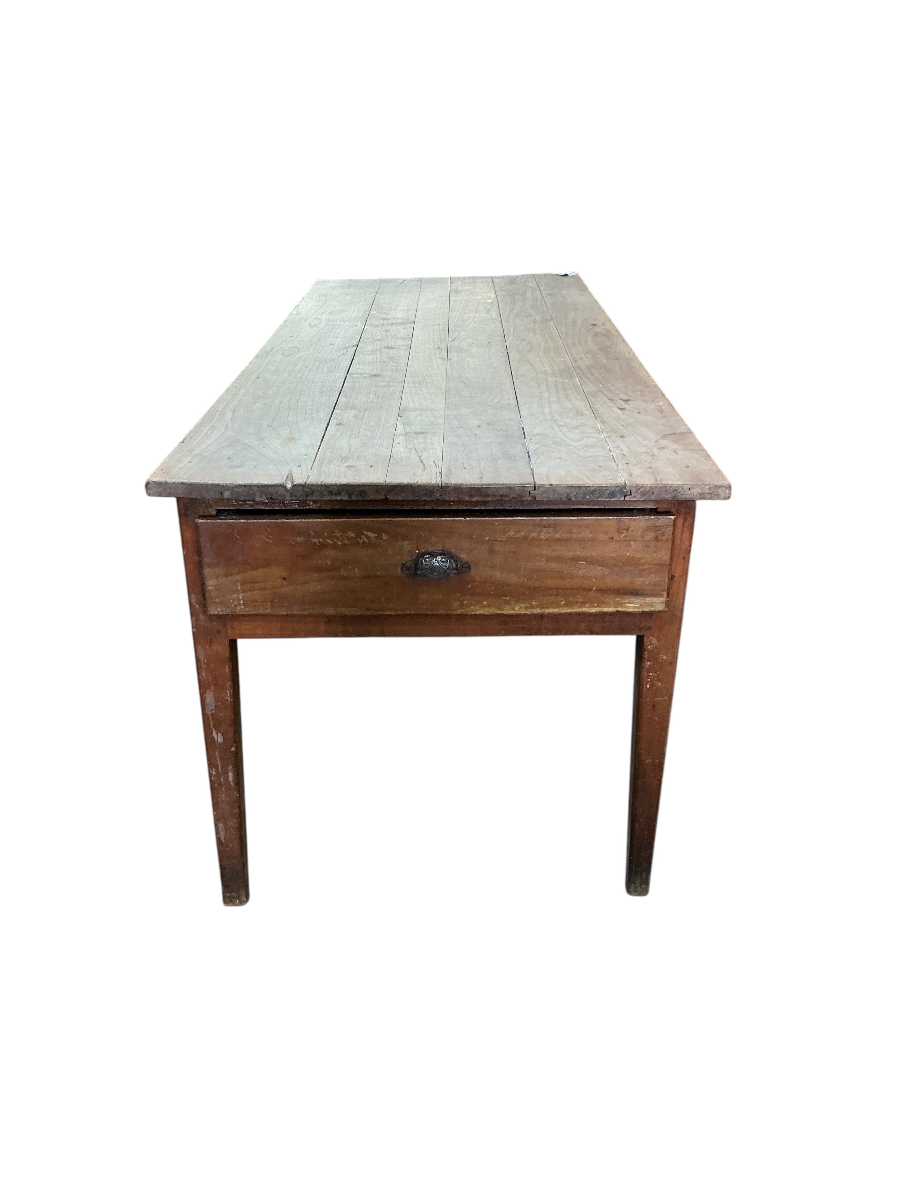 A 19th century French two drawer cherry kitchen table, width 192cm, depth 80cm, height 78cm